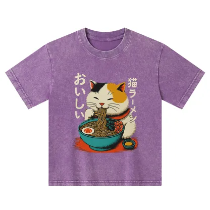 Tokyo-Tiger Cute Eat Eating Japanese Ramen Kids Washed T-Shirt