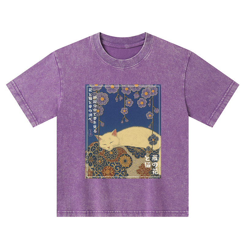 Tokyo-Tiger Ukiyoe Wisteria Flowers And Cats Kids Washed T-Shirt