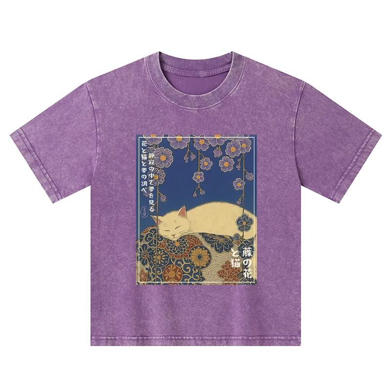 Tokyo-Tiger Ukiyoe Wisteria Flowers And Cats Kids Washed T-Shirt