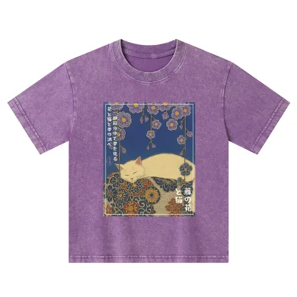 Tokyo-Tiger Ukiyoe Wisteria Flowers And Cats Kids Washed T-Shirt