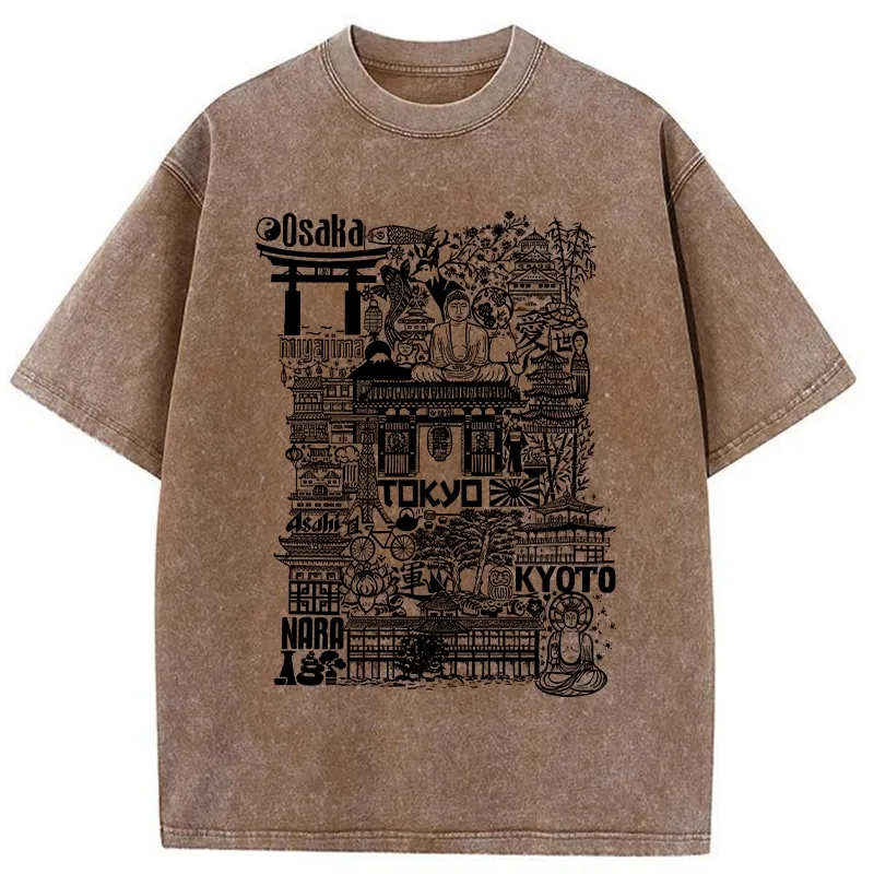 Tokyo-Tiger Japanese Line Cityscape Washed T-Shirt