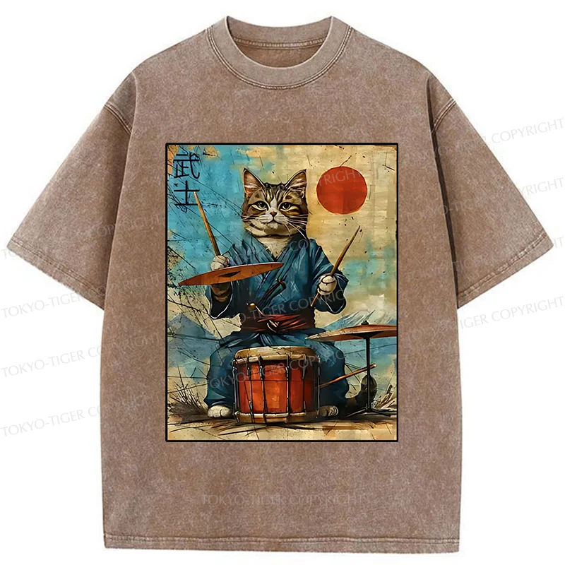 Tokyo-Tiger Cat Playing Drums Washed T-Shirt