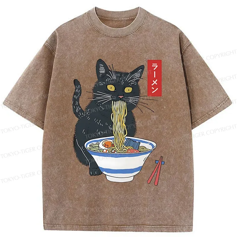 Tokyo-Tiger Black Cat Eats Delicious Ramen Washed T-Shirt
