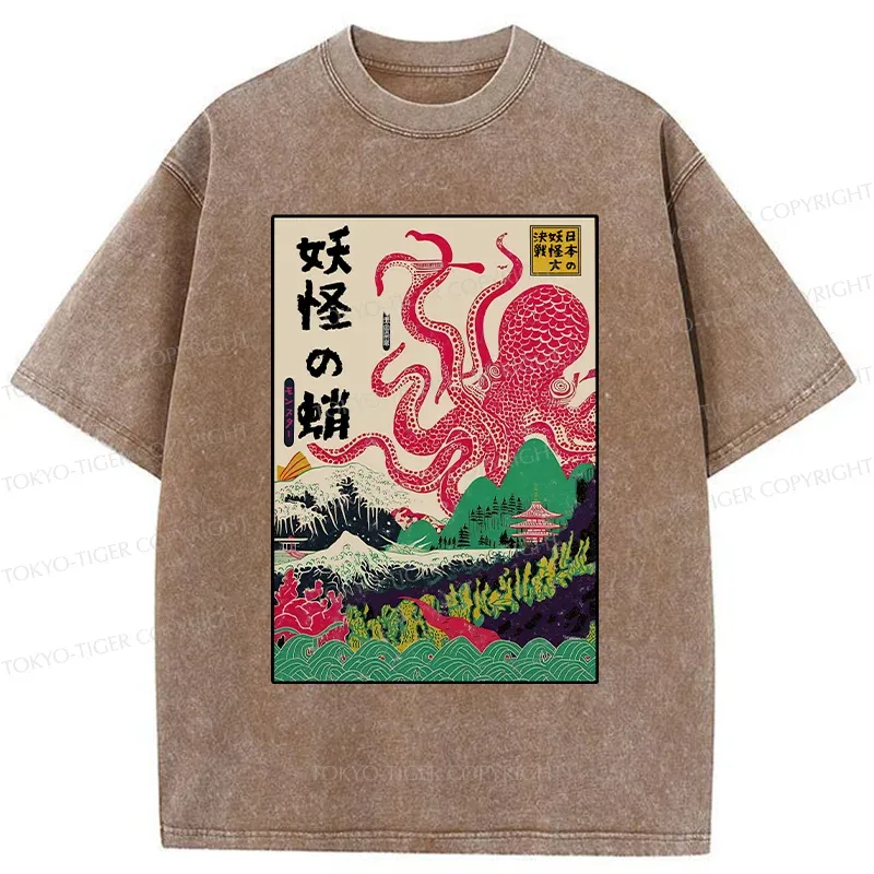 Tokyo-Tiger Octopus Japanese Yokai Washed T-Shirt