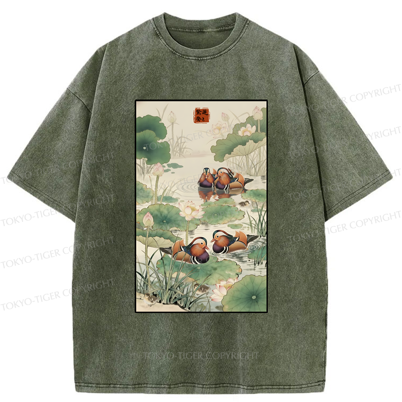 Tokyo-Tiger Lotus and Mandarin Ducks Washed T-Shirt