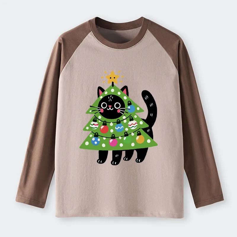 Tokyo-Tiger Christmas Tree Cat Raglan Long Sleeve T-shirt