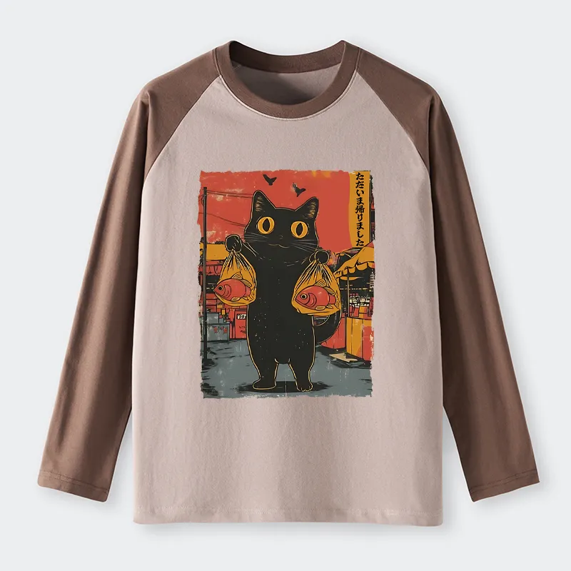 Tokyo-Tiger Cat Fishing Japanese Raglan Long Sleeve T-shirt