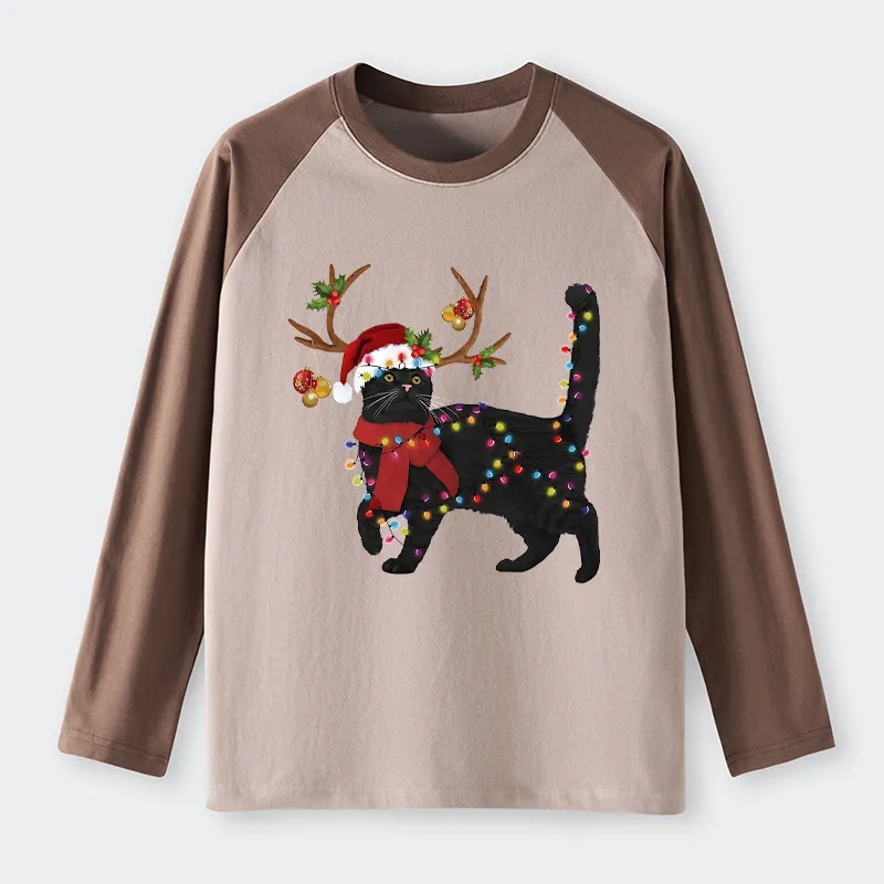 Tokyo-Tiger Christmas Black Cat Raglan Long Sleeve T-shirt
