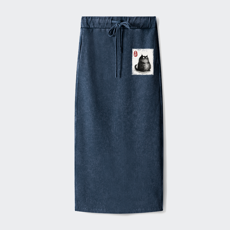 Tokyo-Tiger Auspicious Fluffy Black Cat Ink Painting Washed Terry Skirt