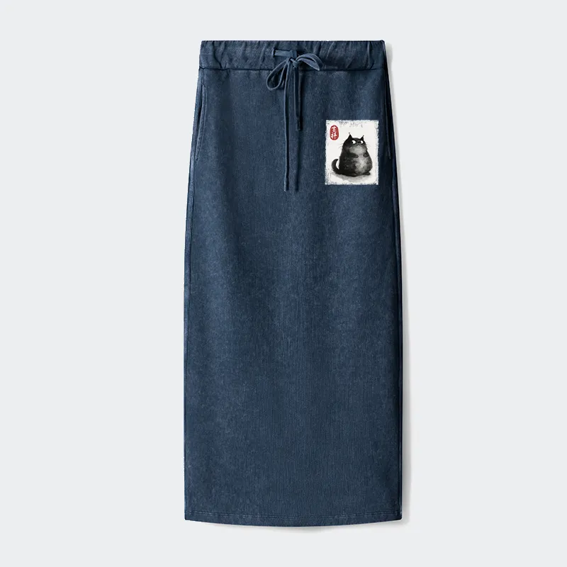 Tokyo-Tiger Auspicious Fluffy Black Cat Ink Painting Washed Terry Skirt