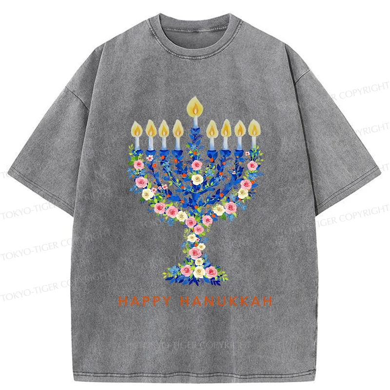 Tokyo-Tiger Hanukkah Candles Washed T-Shirt