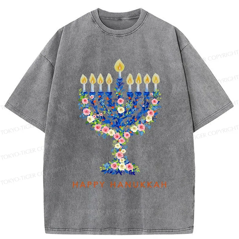 Tokyo-Tiger Hanukkah Candles Washed T-Shirt