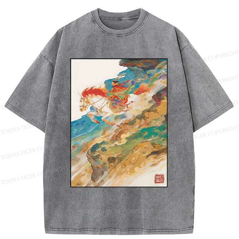 Tokyo-Tiger Landscape Painting Washed T-Shirt