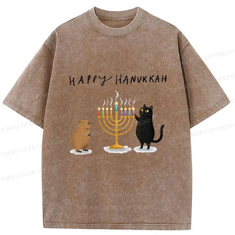 Tokyo-Tiger Cats Light Hanukkah Candles Washed T-Shirt