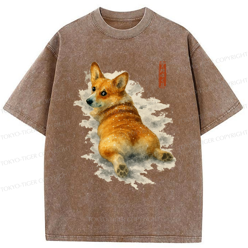Tokyo-Tiger Corgi in the Snow Washed T-Shirt