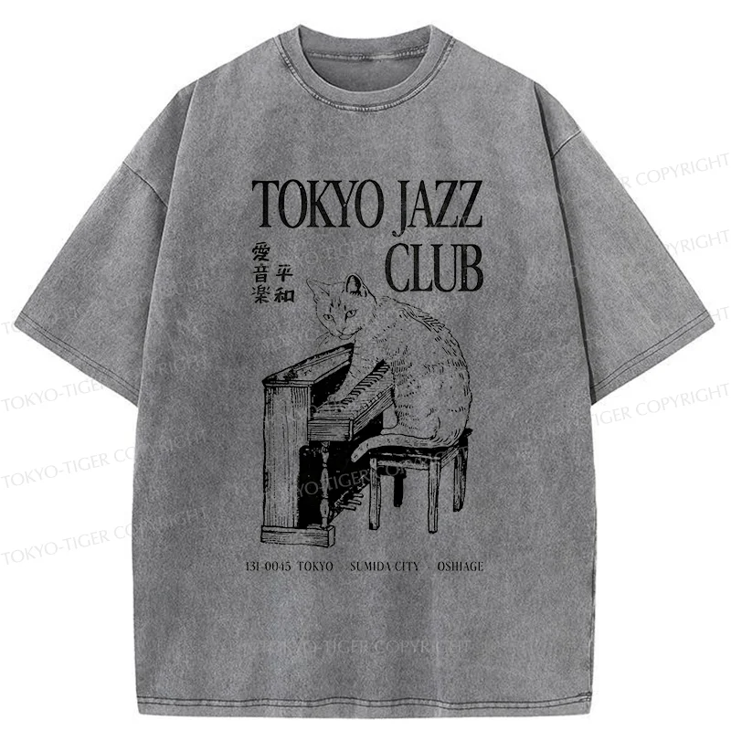 Tokyo-Tiger Cat Playing The Piano Washed T-Shirt