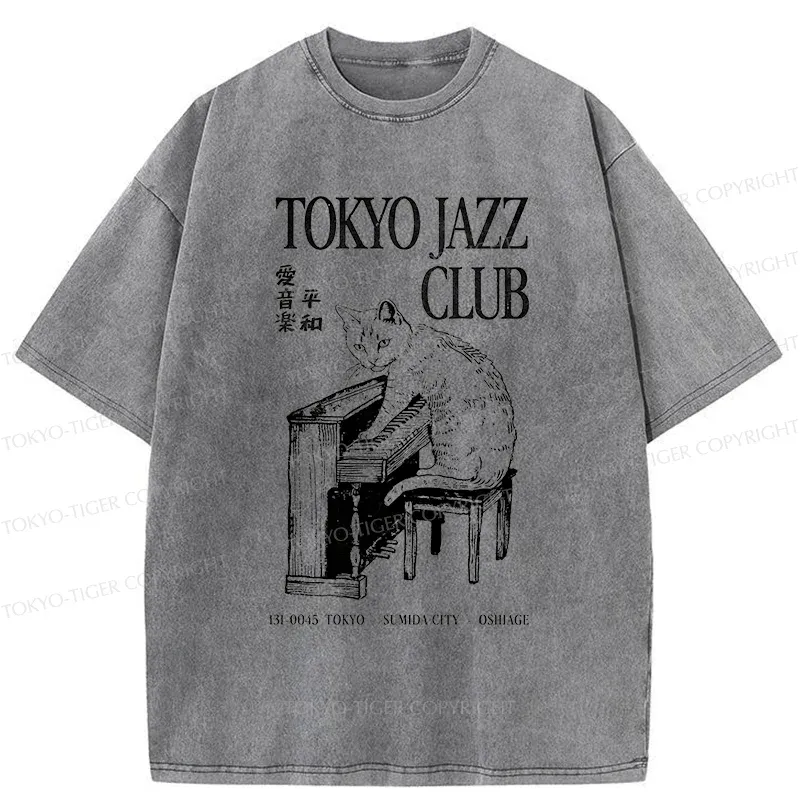 Tokyo-Tiger Cat Playing The Piano Washed T-Shirt