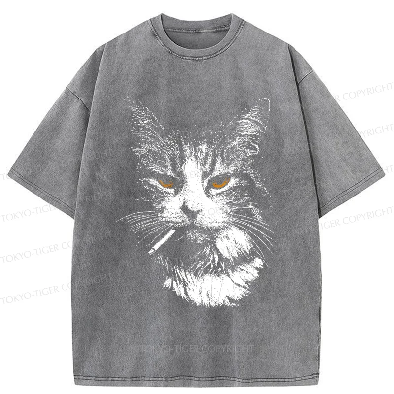 Tokyo-Tiger Handsome Cat Smoking Washed T-Shirt