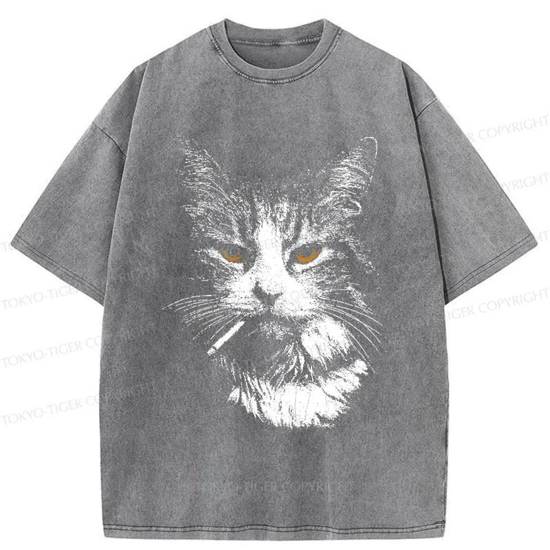 Tokyo-Tiger Handsome Cat Smoking Washed T-Shirt