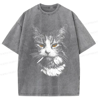 Tokyo-Tiger Handsome Cat Smoking Washed T-Shirt