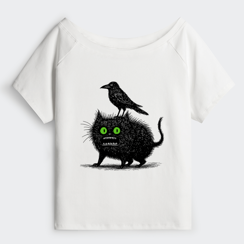 Tokyo-Tiger Crow And Black Cat Off Shoulder T-Shirt