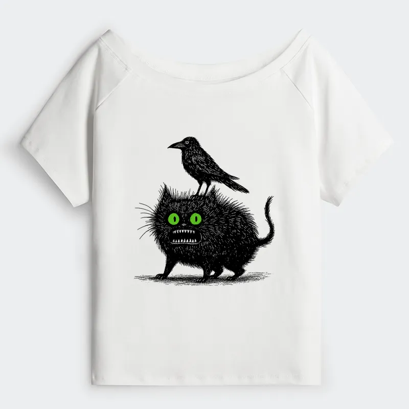 Tokyo-Tiger Crow And Black Cat Off Shoulder T-Shirt