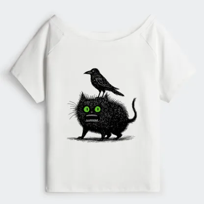Tokyo-Tiger Crow And Black Cat Off Shoulder T-Shirt