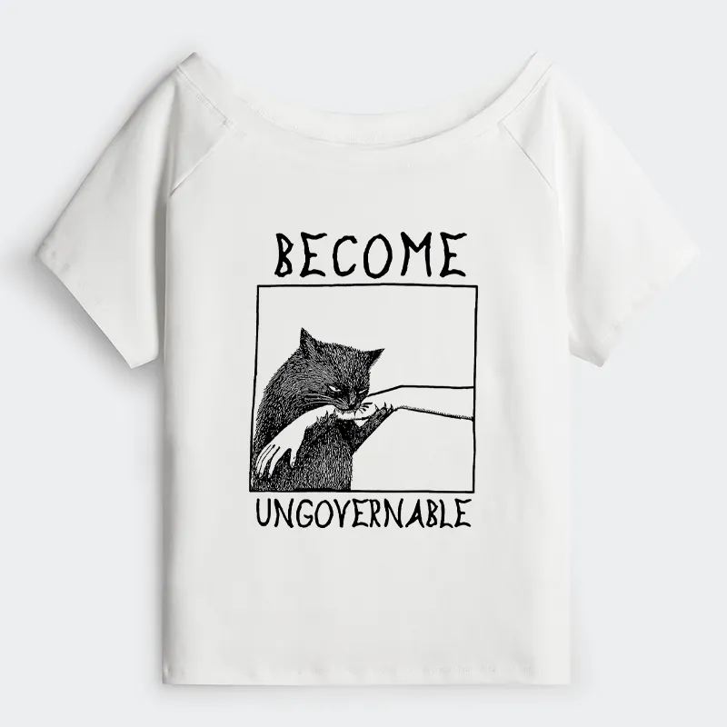 Tokyo-Tiger Cat Biting Arm Off Shoulder T-Shirt