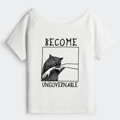 Tokyo-Tiger Cat Biting Arm Off Shoulder T-Shirt