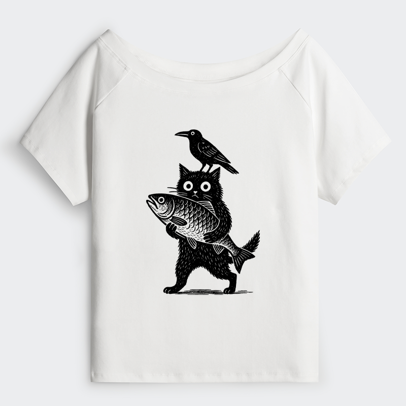 Tokyo-Tiger Black Animals Funny Off Shoulder T-Shirt