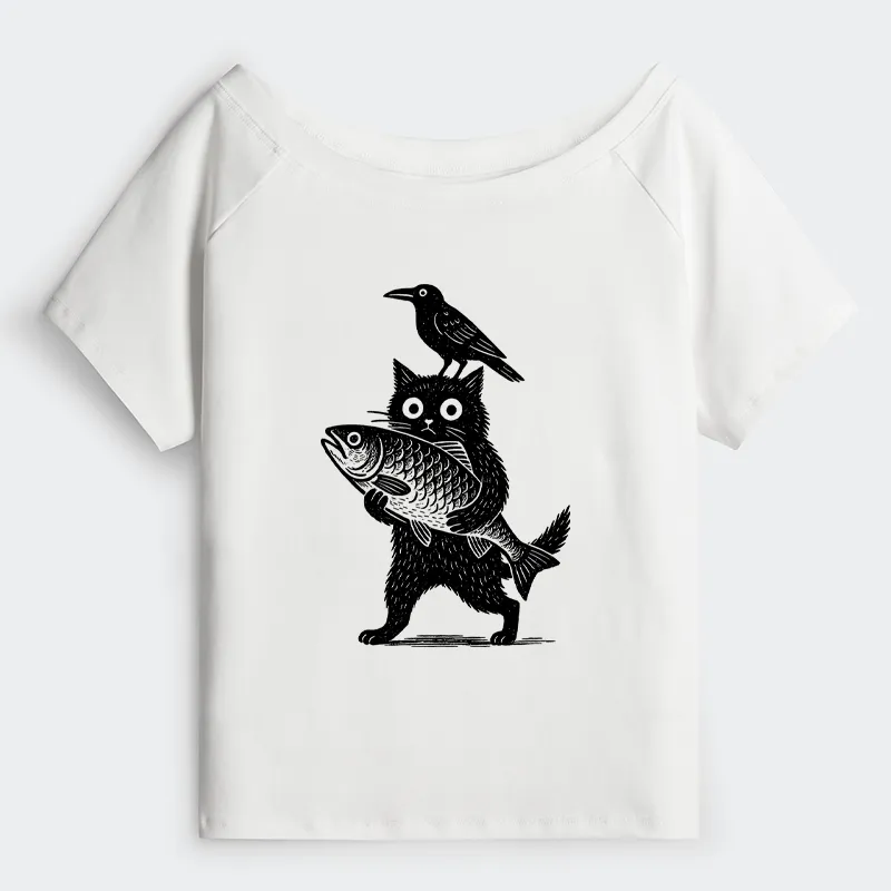 Tokyo-Tiger Black Animals Funny Off Shoulder T-Shirt