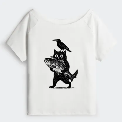 Tokyo-Tiger Black Animals Funny Off Shoulder T-Shirt
