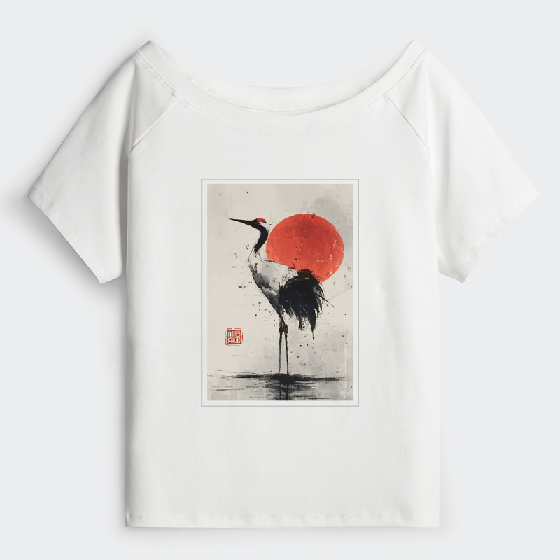 Tokyo-Tiger Retro Japanese Red-crowned Crane Off Shoulder T-Shirt