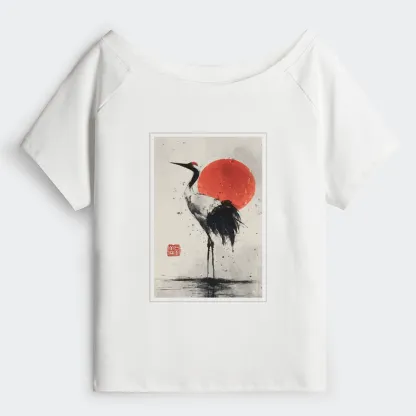Tokyo-Tiger Retro Japanese Red-crowned Crane Off Shoulder T-Shirt