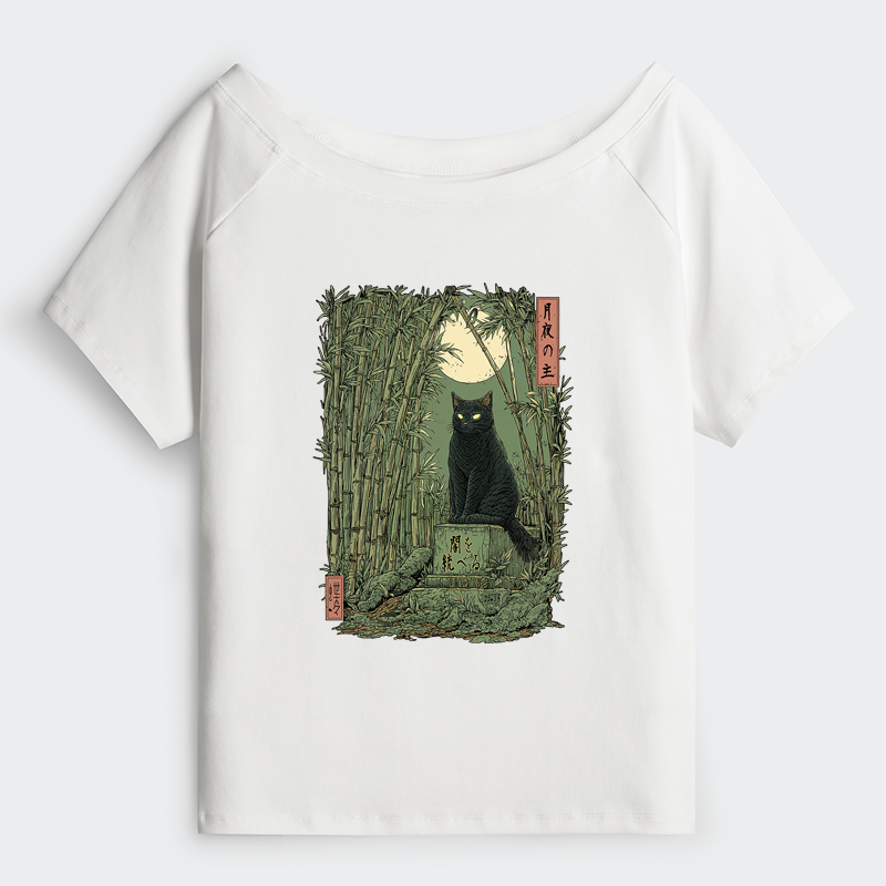 Tokyo-Tiger Black Cat In The Bamboo Forest Off Shoulder T-Shirt