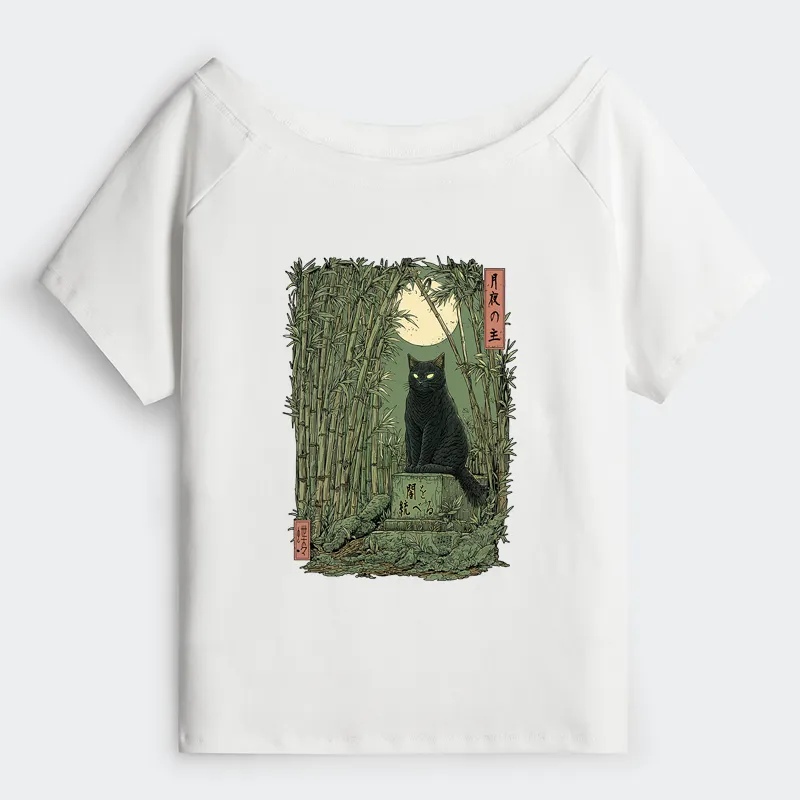 Tokyo-Tiger Black Cat In The Bamboo Forest Off Shoulder T-Shirt