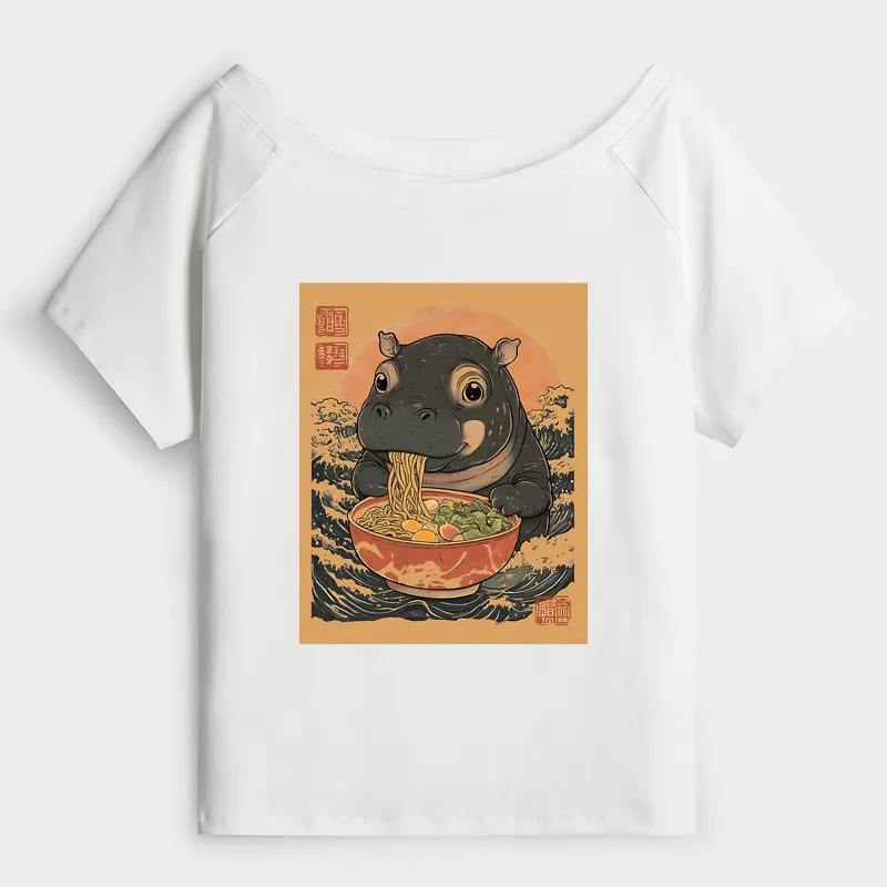 Tokyo-Tiger Moo Deng Eat Ramen Off Shoulder T-Shirt