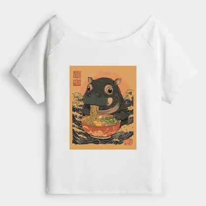 Tokyo-Tiger Moo Deng Eat Ramen Off Shoulder T-Shirt