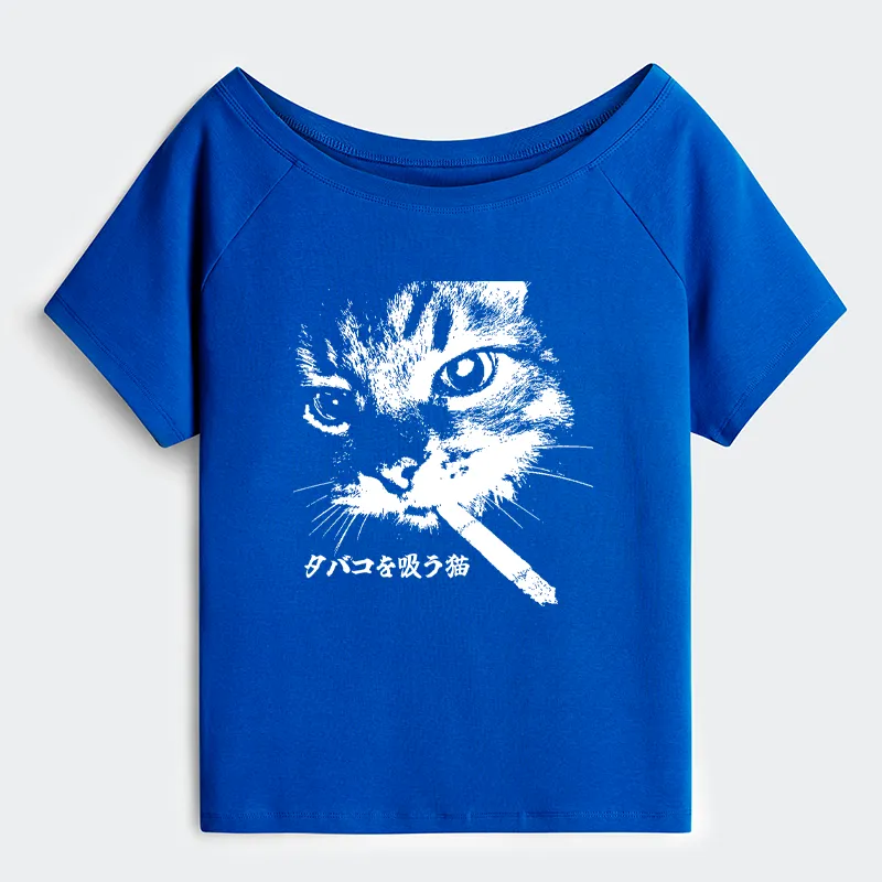 Tokyo-Tiger Retro Cat Smoking Off Shoulder T-Shirt