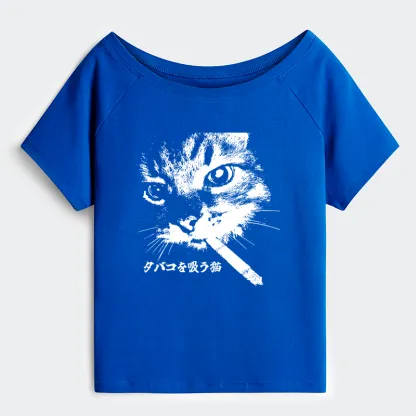 Tokyo-Tiger Retro Cat Smoking Off Shoulder T-Shirt