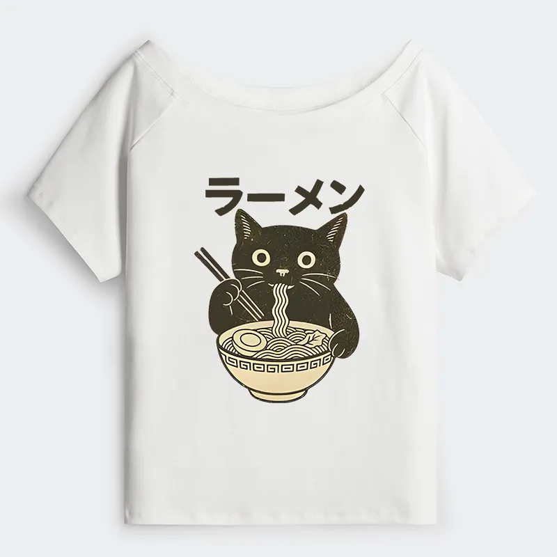Tokyo-Tiger Simple Black Cat Eating Ramen Off Shoulder T-Shirt