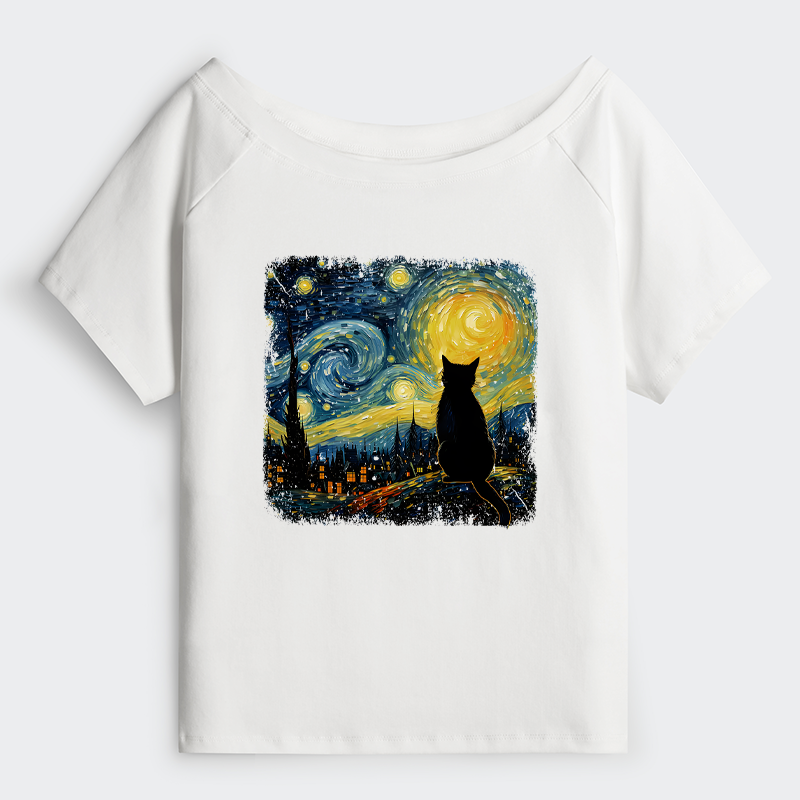 Tokyo-Tiger The Starry Night Cat Off Shoulder T-Shirt