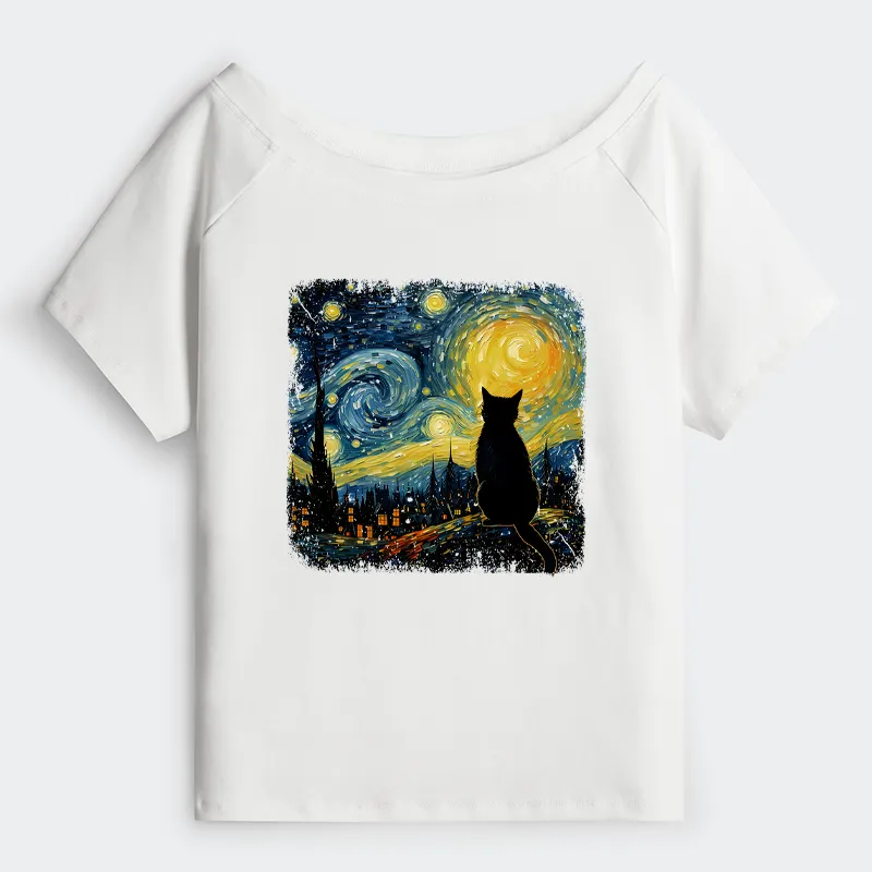 Tokyo-Tiger The Starry Night Cat Off Shoulder T-Shirt