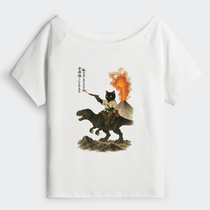 Tokyo-Tiger Cat Riding A Dinosaur Off Shoulder T-Shirt