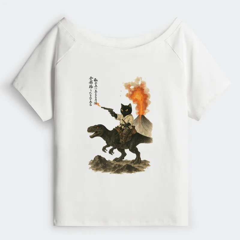 Tokyo-Tiger Cat Riding A Dinosaur Off Shoulder T-Shirt