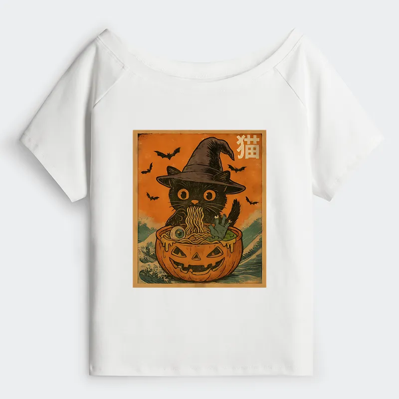 Tokyo-Tiger Halloween Cat Eating Ramen Off Shoulder T-Shirt