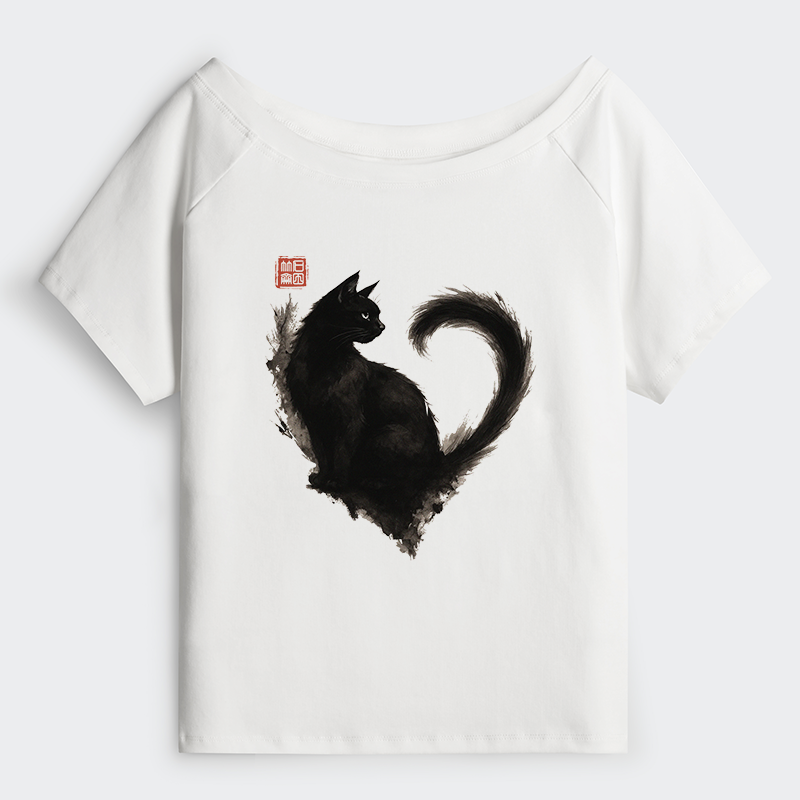 Tokyo-Tiger Funny Heart-Shaped Ink Off Shoulder T-Shirt