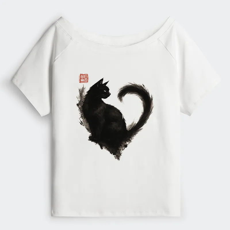 Tokyo-Tiger Funny Heart-Shaped Ink Off Shoulder T-Shirt