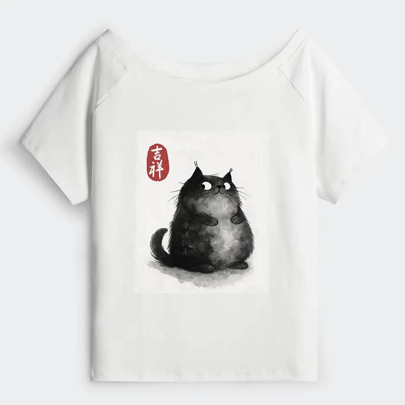 Tokyo-Tiger Auspicious Fluffy Black Cat Ink Painting Off Shoulder T-Shirt
