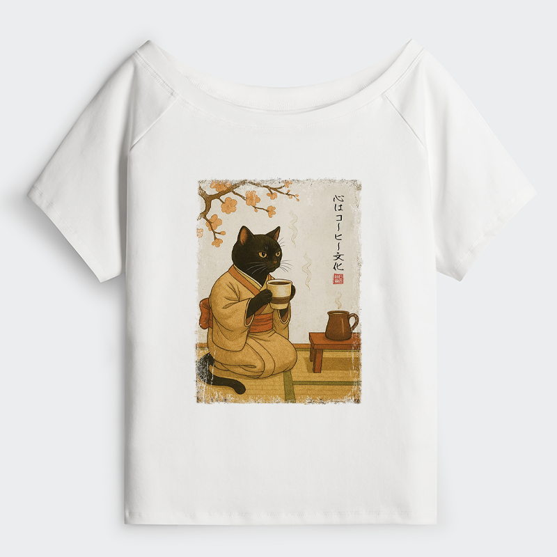 Tokyo-Tiger Cat Heart Full Of Coffee Off Shoulder T-Shirt
